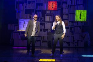 Tim Minchin and Dennis Kelly interview on stage at the Cambridge Theatre